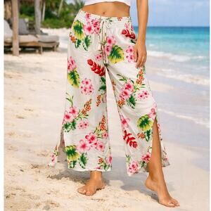 Womens Flared Split Leg Pants Small Smocked Waist White Floral Hawaiian Beach
